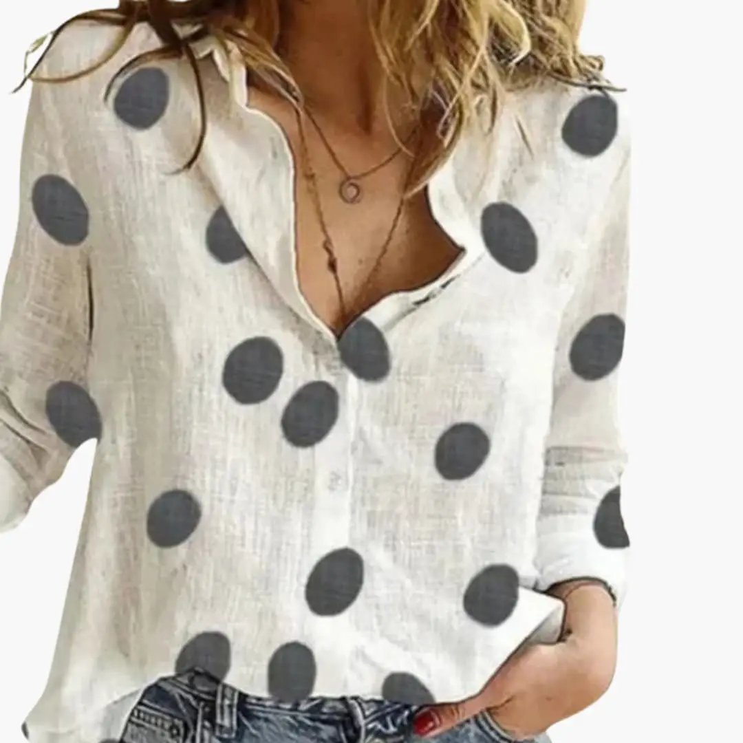 Women’s long sleeve polka dot blouse by Wilfred Smith; white fabric with large black dots, button front, relaxed fit
