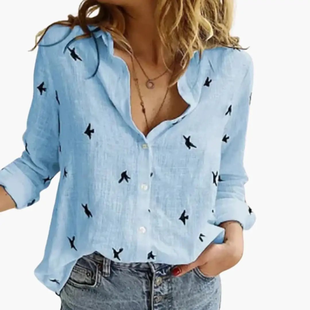 Women’s Dot Blouse Wilfred Smith, light blue long-sleeve with small black bird prints, button front, relaxed fit