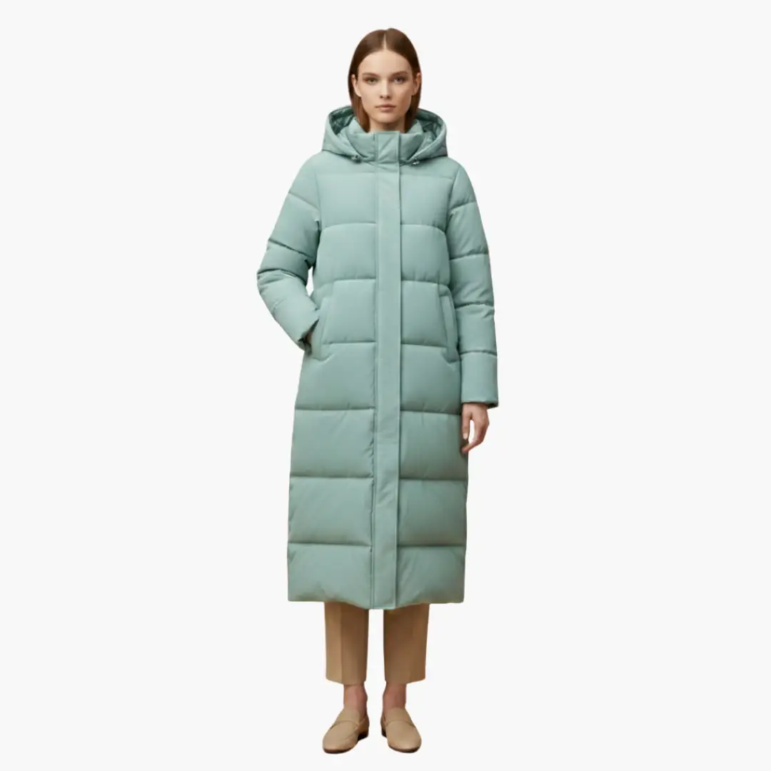Women's long mint-green puffer winter coat with hood and button closure