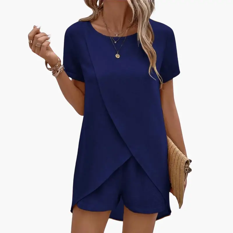 Women's navy lounge set with short-sleeve top and wrap-front shorts, elastic waistband.