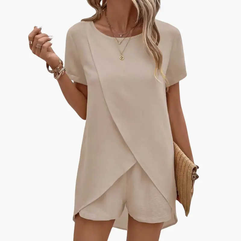 Women's lounge set in beige with short-sleeve top and elastic-waist shorts, Wilfred Smith.