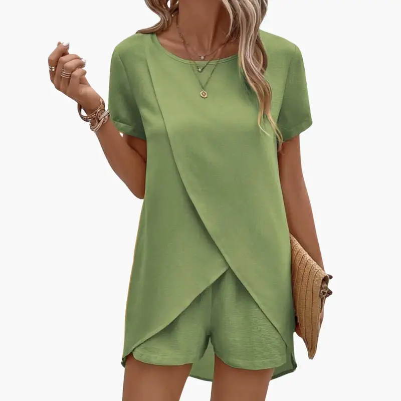 Women's lime green two-piece lounge set with short-sleeve top and elastic-waist shorts