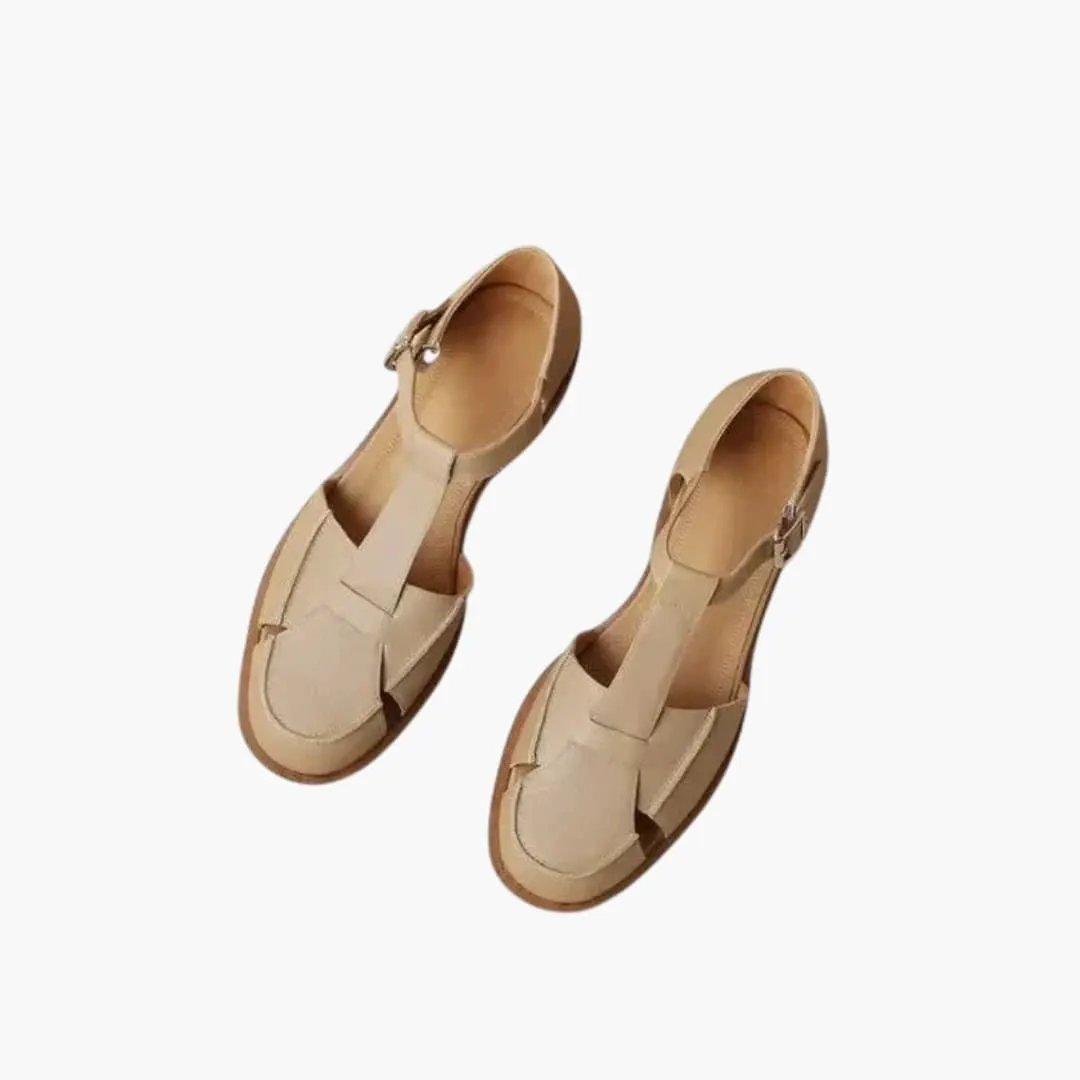 Women's Mary Jane sandals in tan by Wilfred Smith with adjustable strap and cushioned insole