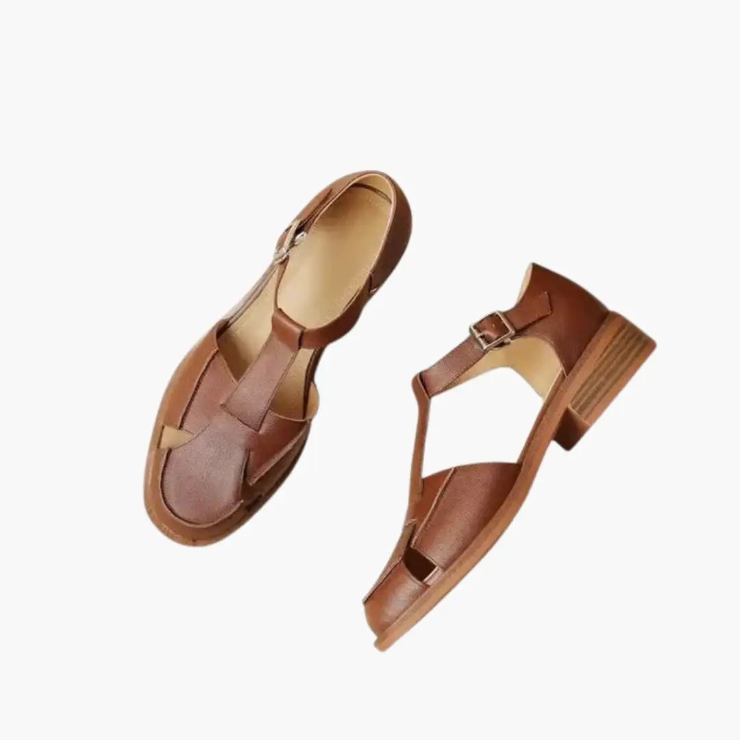 Women's Mary Jane sandals in brown leather with adjustable strap and cushioned insole, 2 sandals