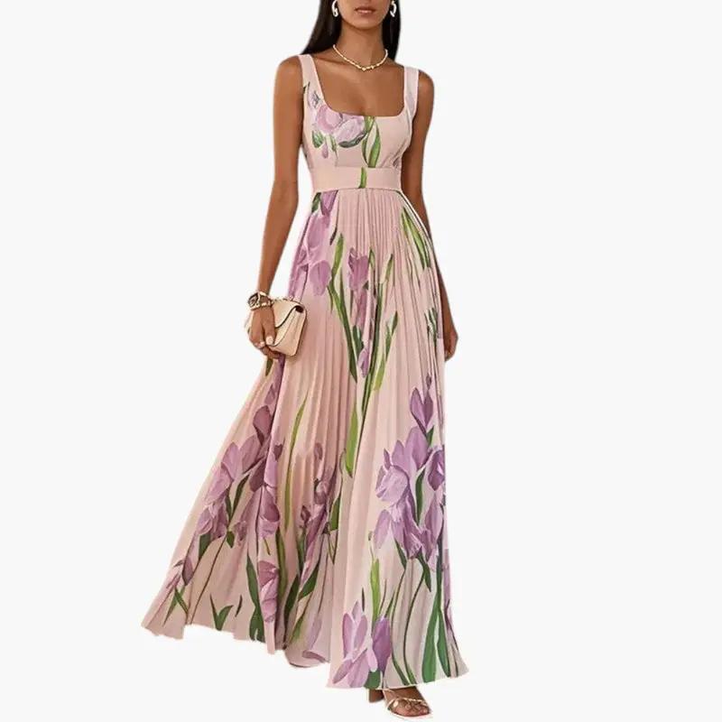 Women's floral maxi dress in pink with purple flowers, square-neck pleated A-line skirt