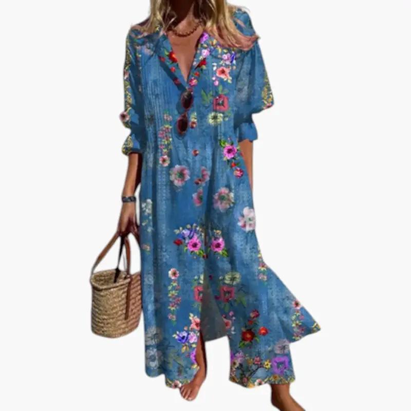 Wilfred Smith women's maxi dress with blue floral pattern and pockets