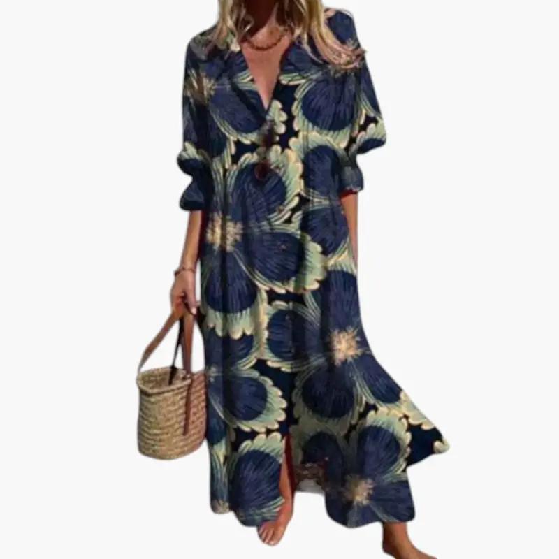 Women's maxi dress with blue floral print and pockets, long flowing summer dress