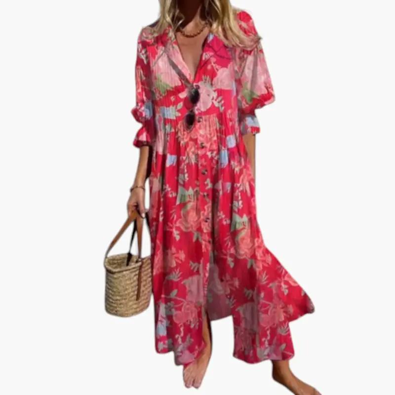 Women's maxi dress with floral pattern and pockets; red floral print, long dress by Wilfred Smith.