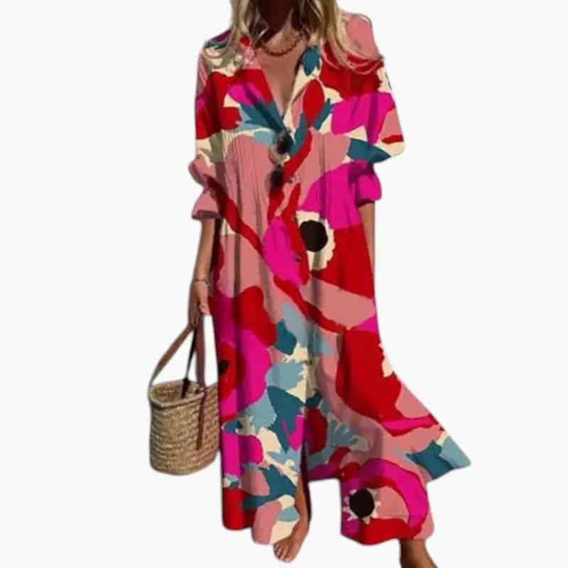 Women's Maxi Dress with Floral Pattern and Pockets, multicolor print and flowy silhouette.