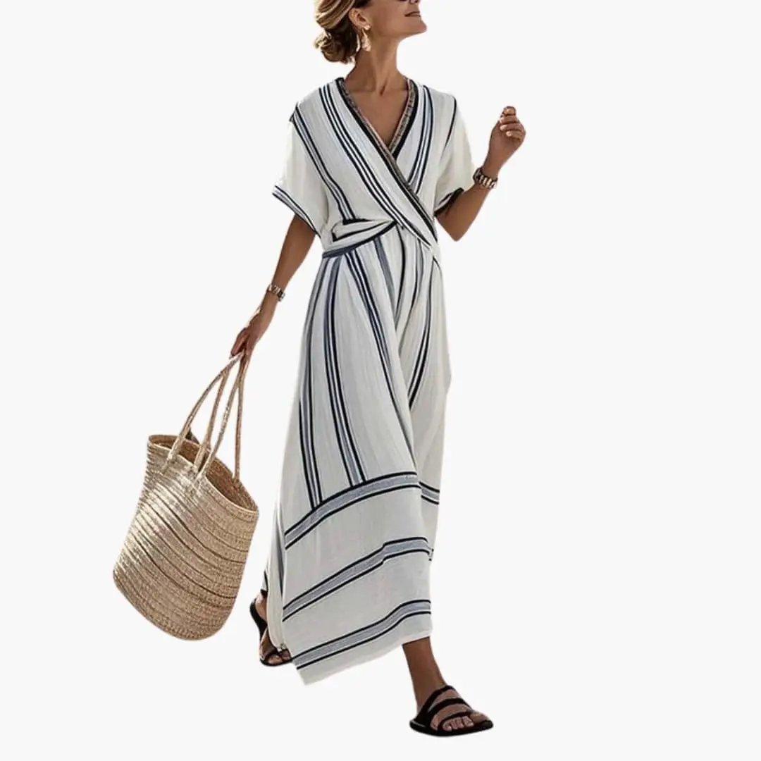 Women's maxi dress by Wilfred Smith, woven striped cream and navy, wrap-front, relaxed fit