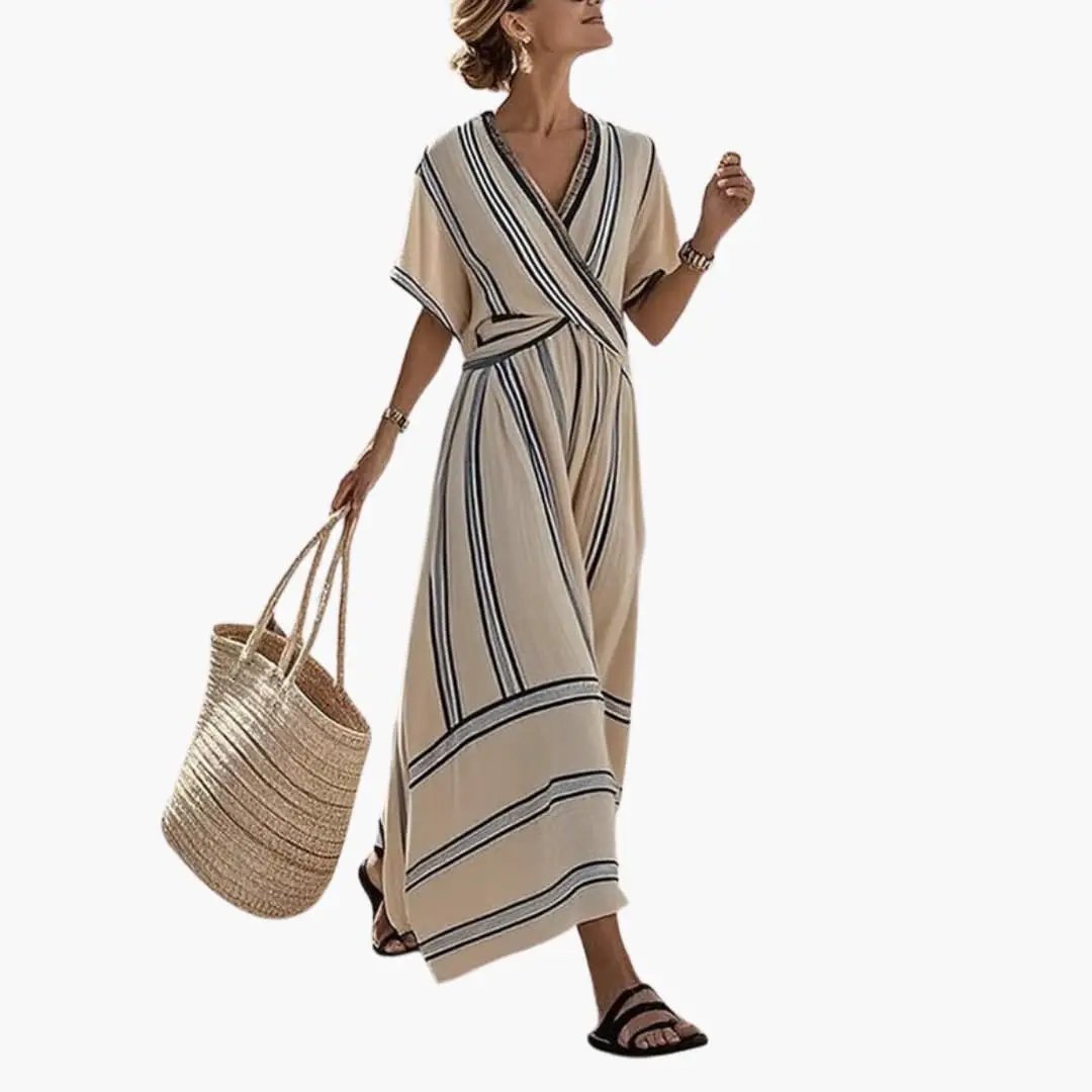 Women's Maxi Dress by Wilfred Smith, beige woven wrap dress with black stripes and relaxed fit