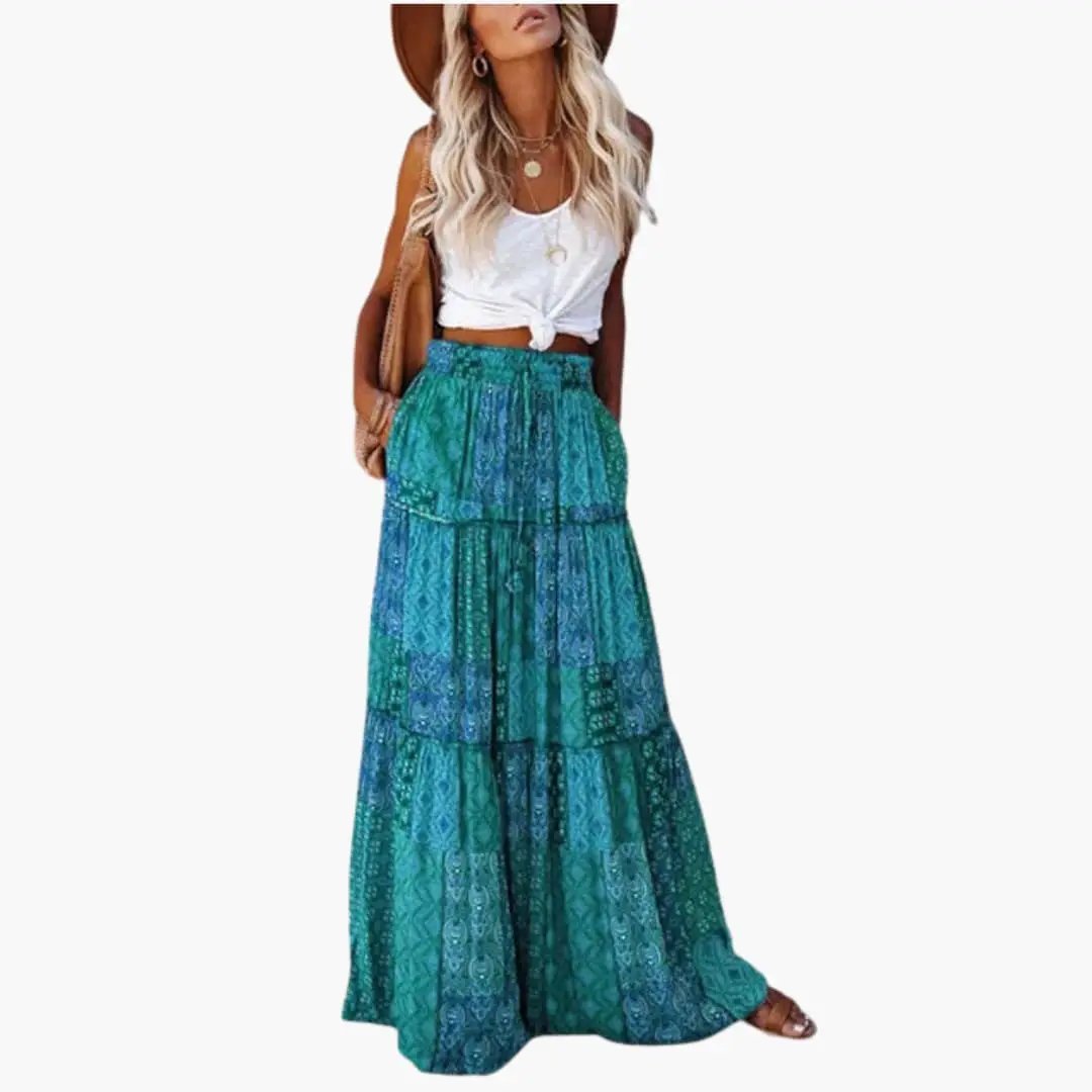 Women's maxi skirt in teal with elastic waistband and tiered panels
