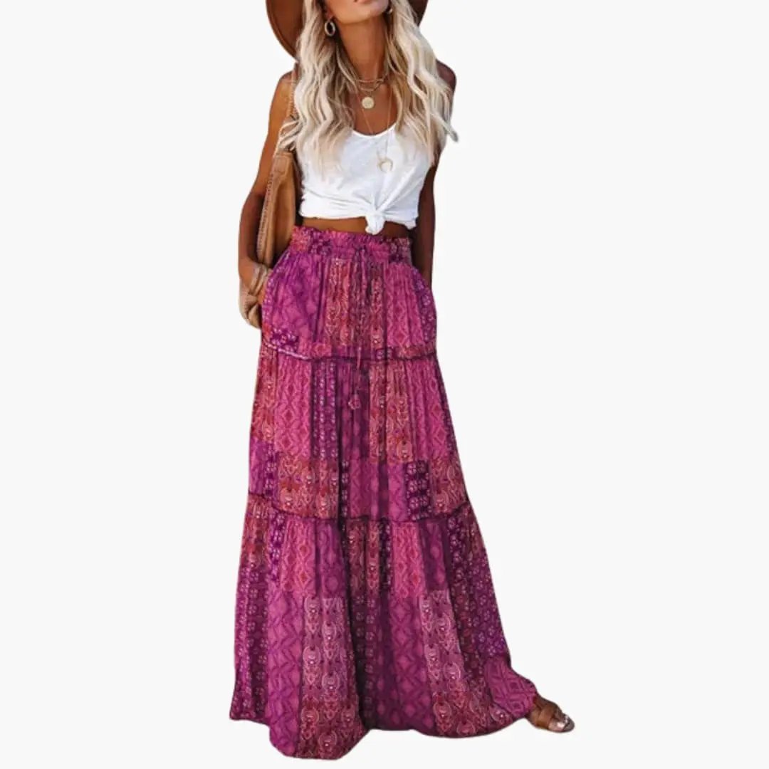 Wilfred Smith women's maxi skirt with elastic waistband in pink-purple tiered print