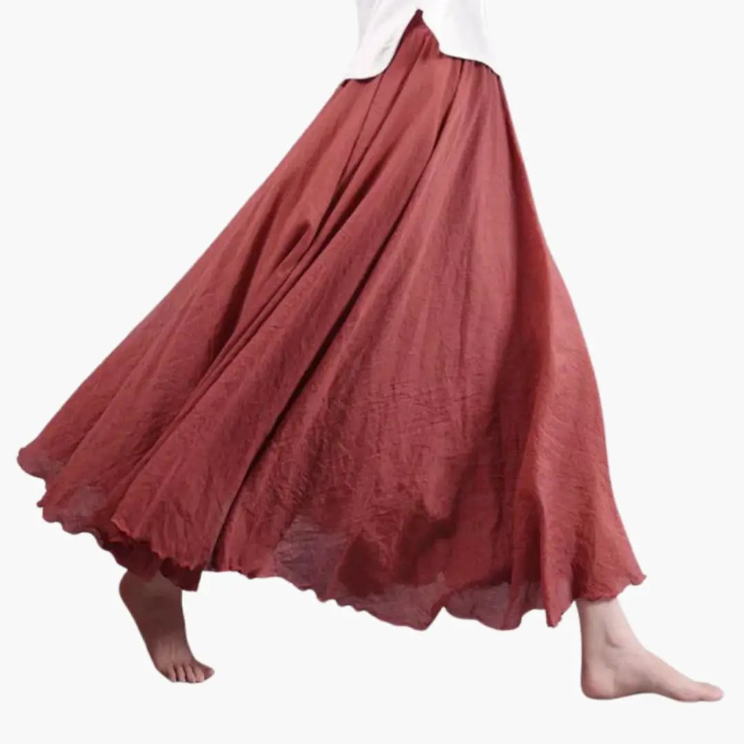 Women's Maxi Skirt with Elastic Waistband in rust red, flowing with a straight hem