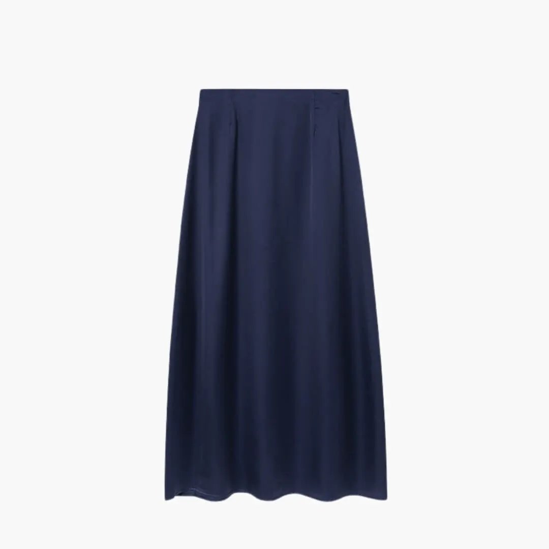 Women's navy satin maxi skirt with high waist by Wilfred Smith