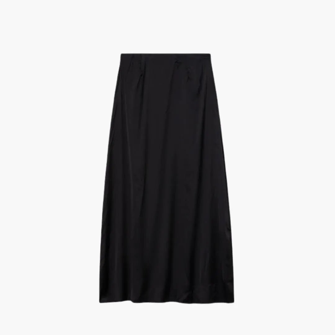 Women's satin maxi skirt in black with a high waist by Wilfred Smith.