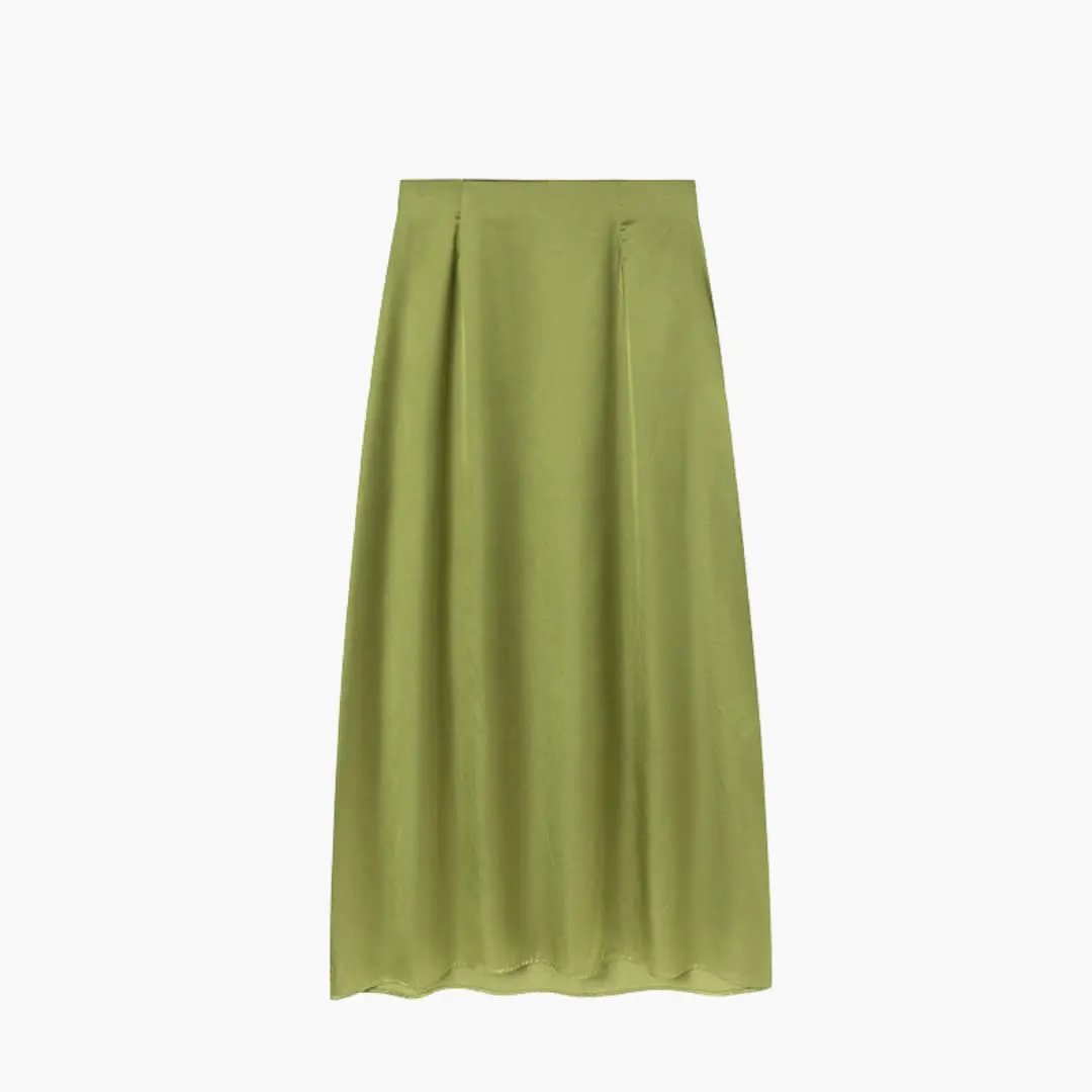 Women's satin maxi skirt with high waist in olive green, Wilfred Smith