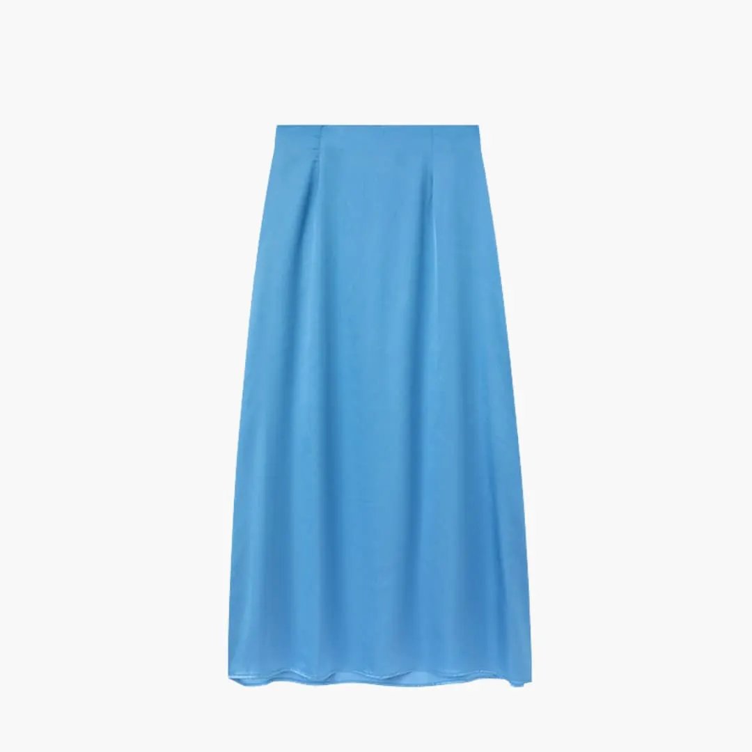 Women's satin maxi skirt with high waist in blue by Wilfred Smith