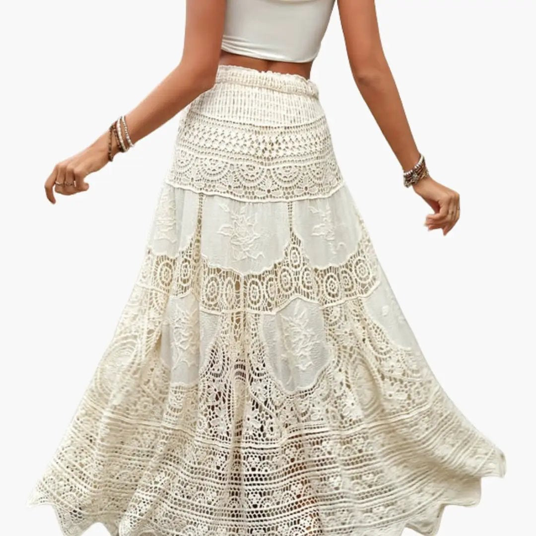 Women's Maxi Skirt with Lace Panels and High Waist in ivory lace.