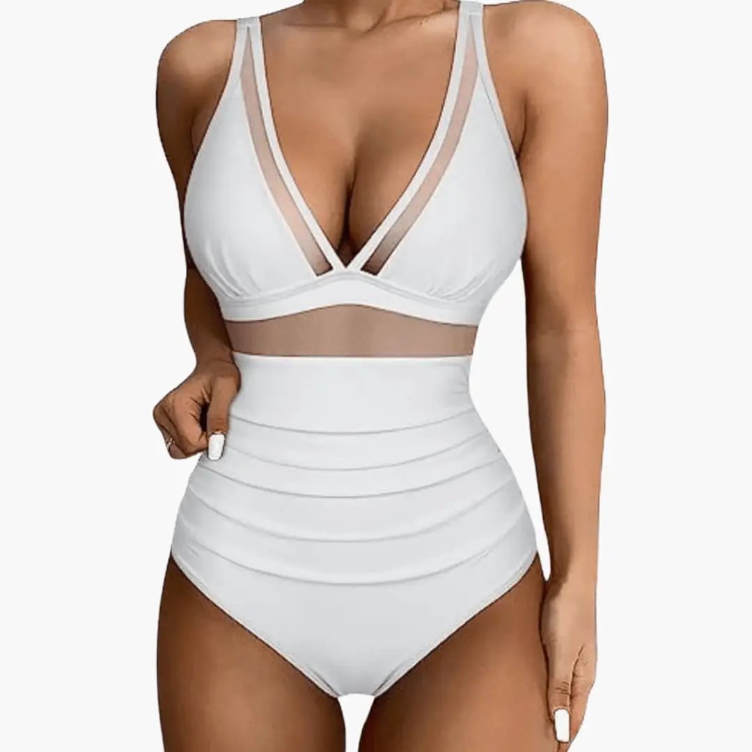 Women’s mesh-panel one-piece swimsuit in white with high-cut legs