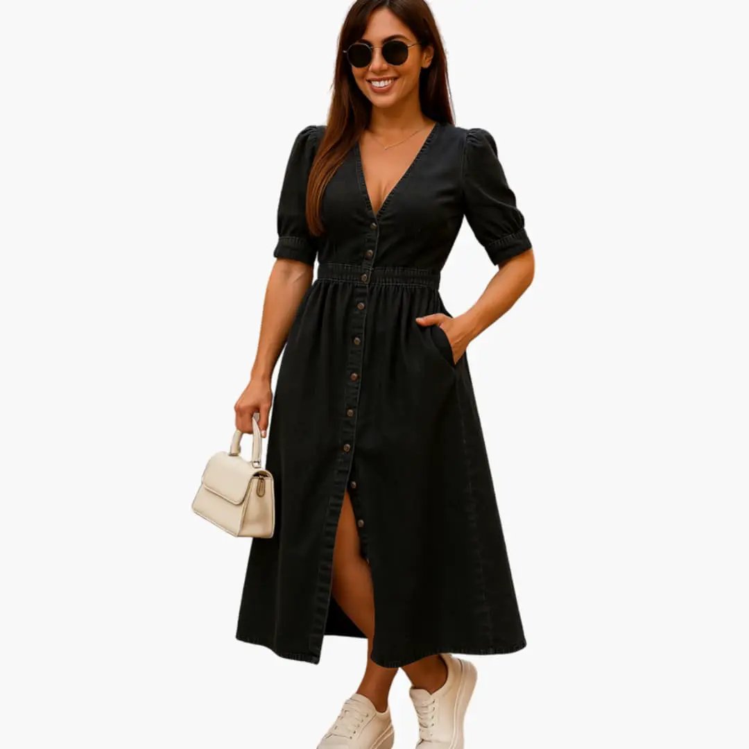Women's black midi dress with button front, V-neck, puff sleeves and pockets.