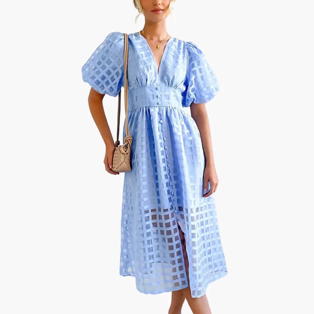 Women's Midi Dress with defined waist, puff sleeves, light-blue woven grid fabric