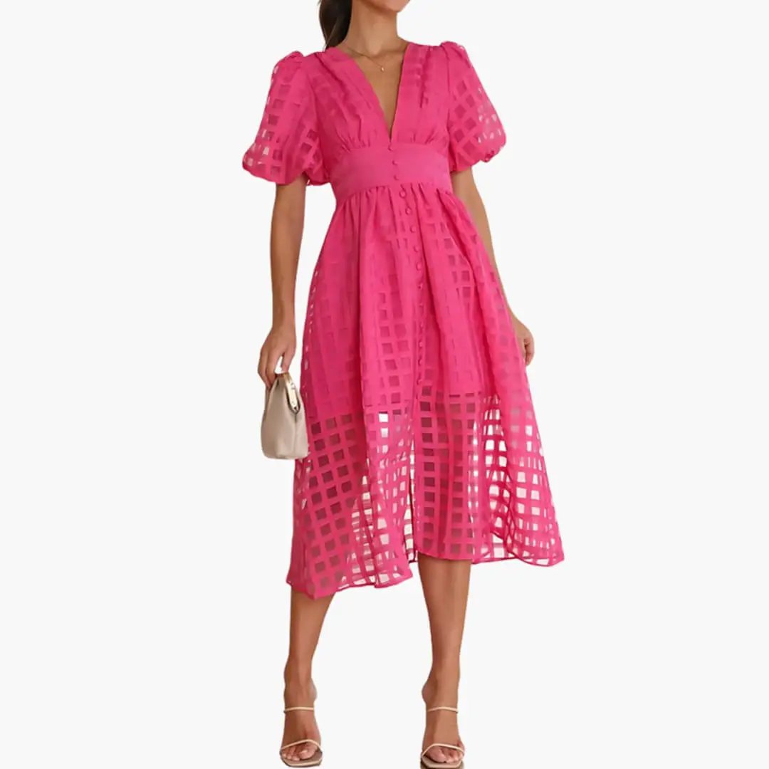 Women’s Midi Dress in bright pink with square lattice cutouts, defined waist, and puff sleeves