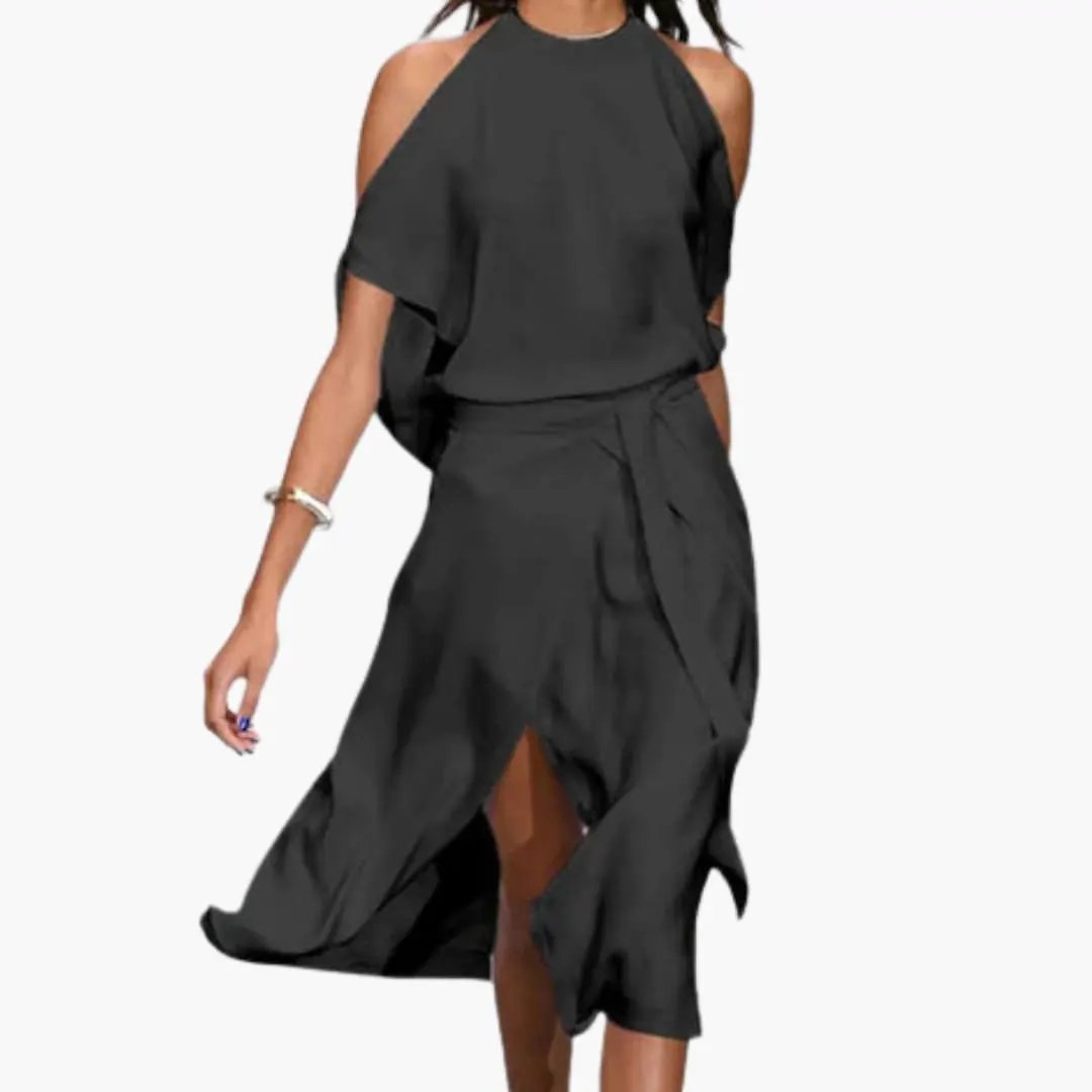 Womens Midi Dress with shoulder cutouts and halter neck in black, flowy wrap-style skirt.