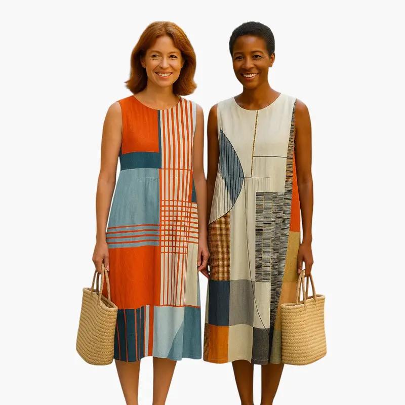Women's sleeveless patchwork midi dress with side pockets; two models wear Wilfred Smith orange-teal and beige designs.