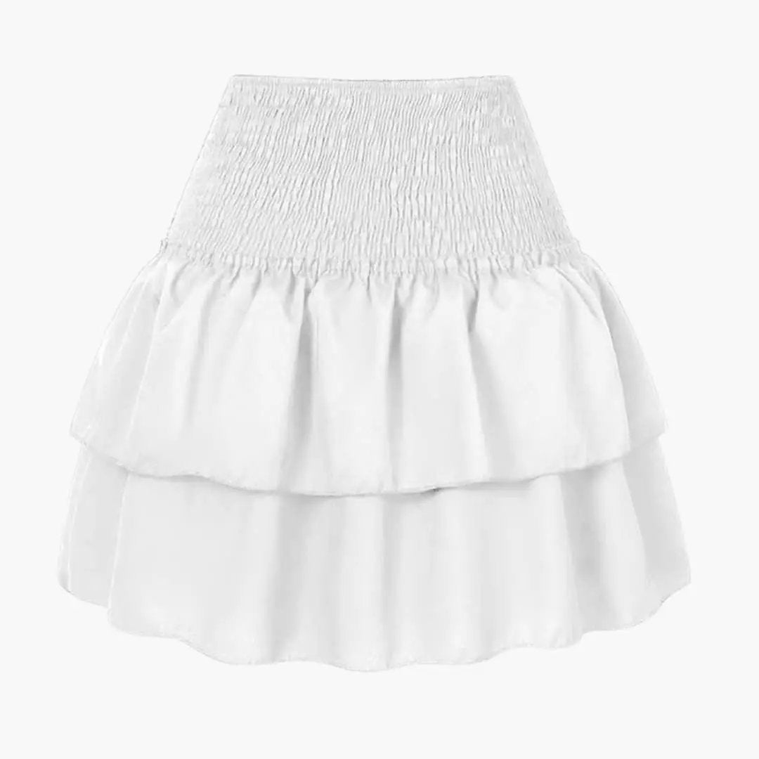 Women's midi skirt in white with a smocked elastic waistband and tiered ruffle layers