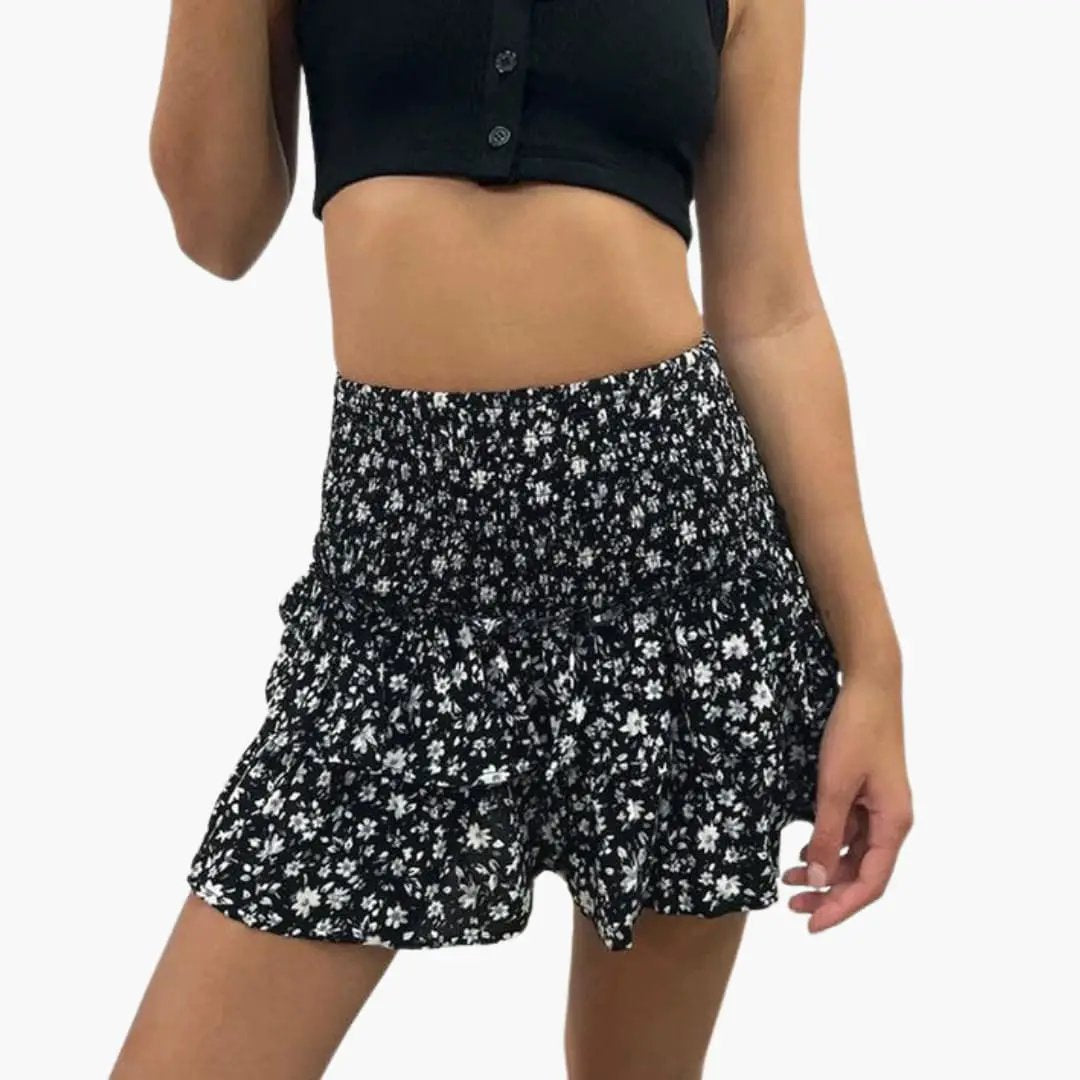 Women's Midi Skirt with elastic waistband and black floral print