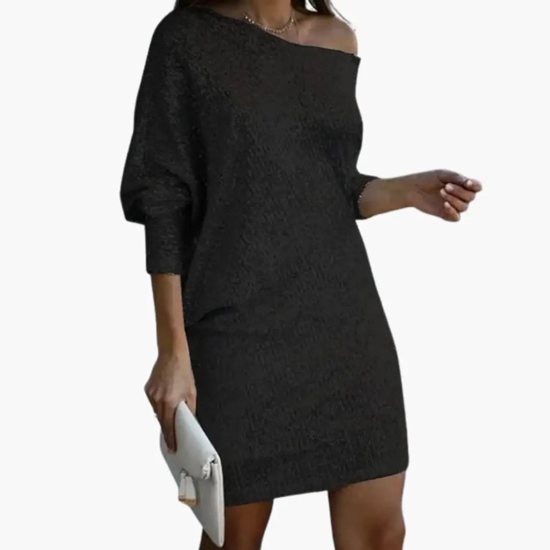 Women's black off-the-shoulder sequin mini dress with long sleeves.
