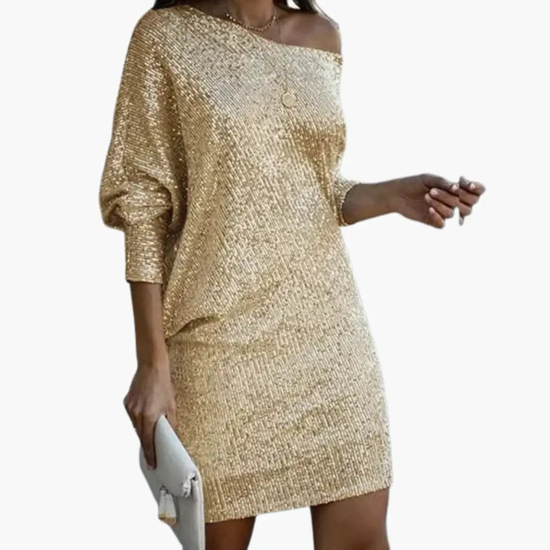 Women’s mini dress by Wilfred Smith with off-the-shoulder neckline and gold sequin surface