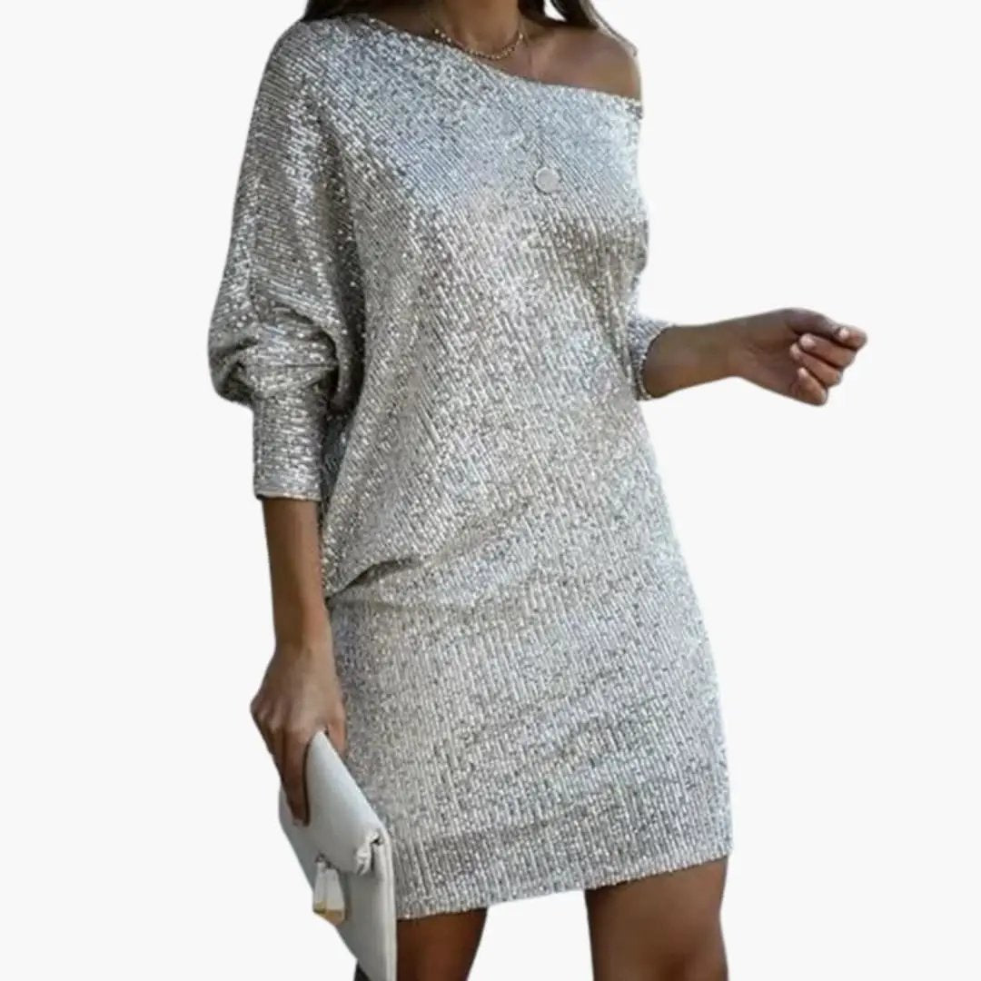 Wilfred Smith Women’s mini dress with off-the-shoulder neckline and allover silver sequins, short-length party dress