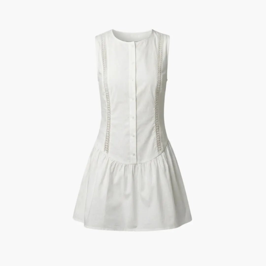 Wilfred Smith women's white mini dress with round neck, front button placket, and side lace panels.