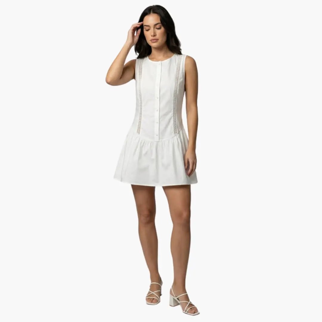 Wilfred Smith Women's Mini Dress with round neck, white sleeveless bodice and side cutouts, flared mini skirt