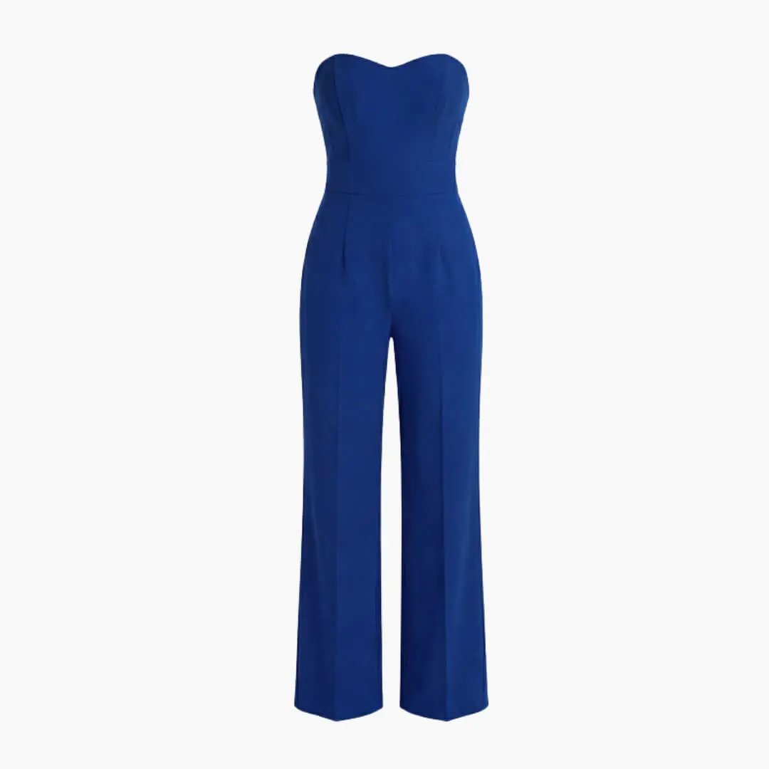 Women's off-shoulder one-piece jumpsuit with corset-style bodice in cobalt blue, wide-leg pants.