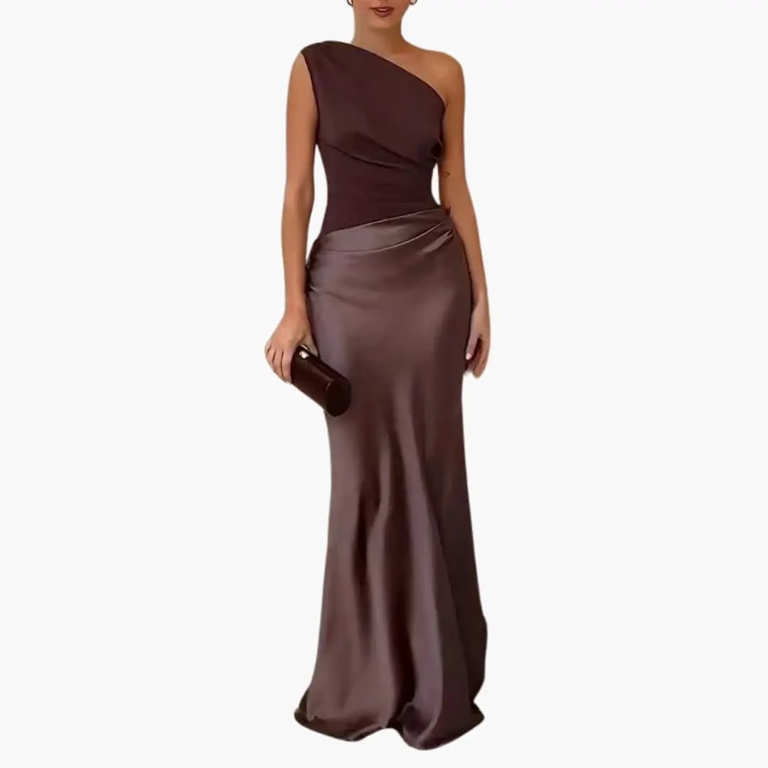 Women's One-Shoulder Satin Maxi Dress in chocolate brown, floor-length with draped waist.