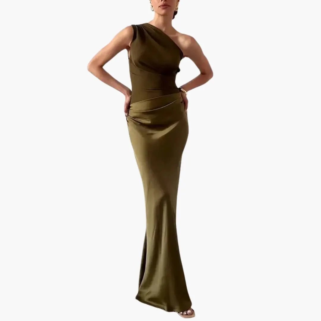 Women's One-Shoulder Maxi Dress by Wilfred Smith in olive-green satin