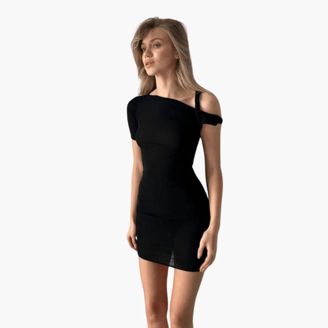 Women’s One Shoulder Midi Dress with Asymmetrical Neckline in black, fitted silhouette