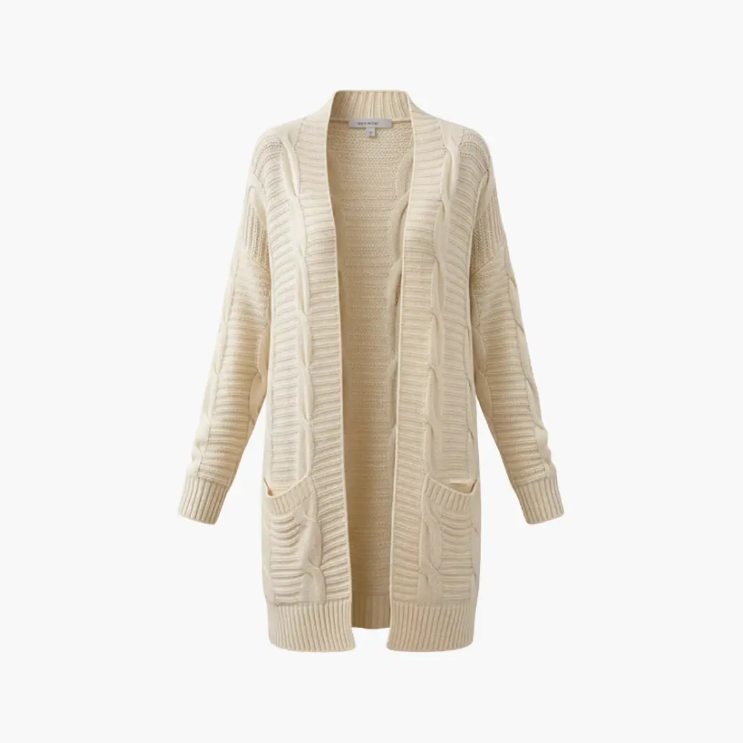 Cream knit open-front cardigan with long sleeves, chunky cable-knit, two front patch pockets