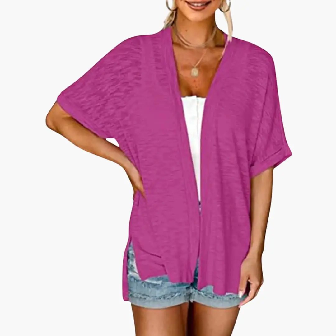 Open-front women's cardigan with short sleeves in magenta, lightweight layering top.