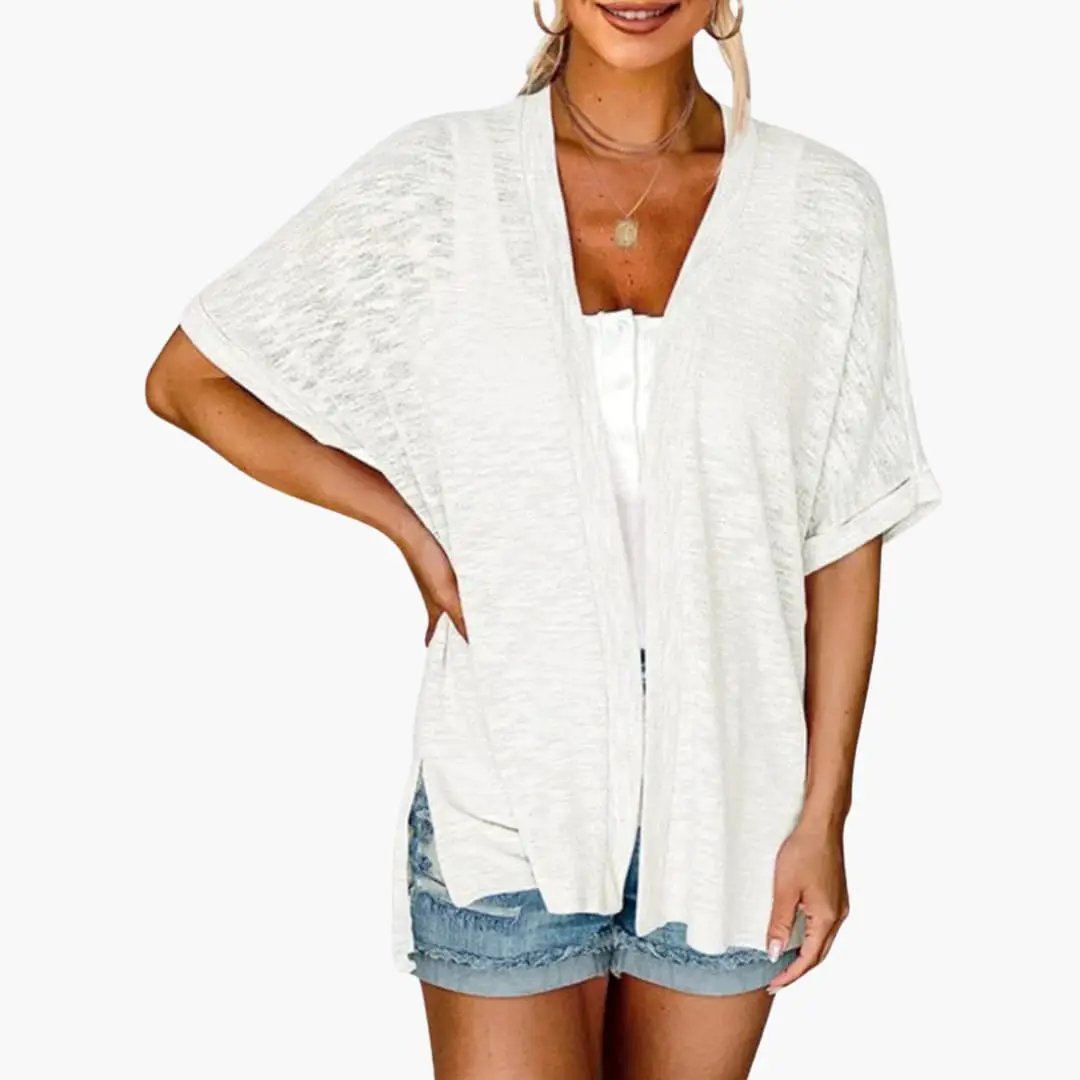 Women's open-front cardigan with short sleeves in white, lightweight knit layering top by Wilfred Smith