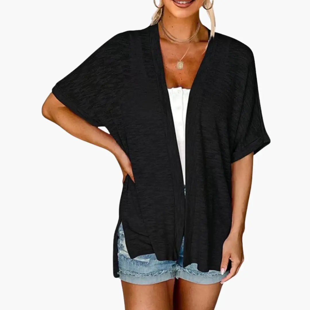Women's open-front cardigan by Wilfred Smith, black knit with short sleeves for layering