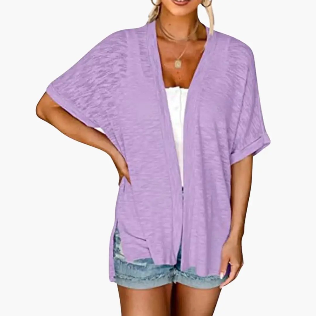 Women's lavender open-front cardigan with short sleeves, layering top