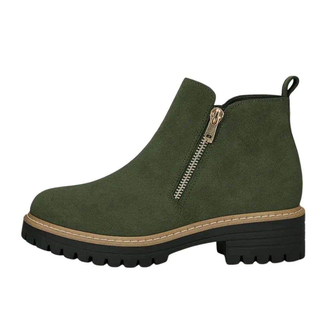 Wilfred Smith women's orthopedic ankle boots with side zip, olive green suede, cushioned insole