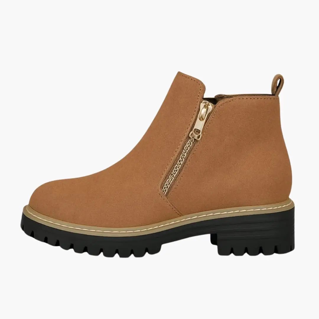 Women's orthopedic ankle boot by Wilfred Smith in tan suede with side zip and cushioned insole.