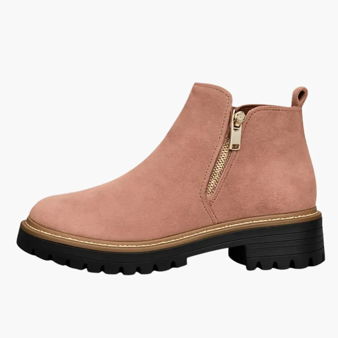 Women's orthopedic boots with side zip, pink suede, cushioned insole, black lug sole by Wilfred Smith