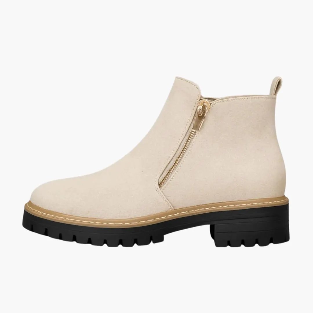 Women's orthopedic ankle boot, beige suede, side zipper, cushioned insole, tan welt, black lug sole, Wilfred Smith