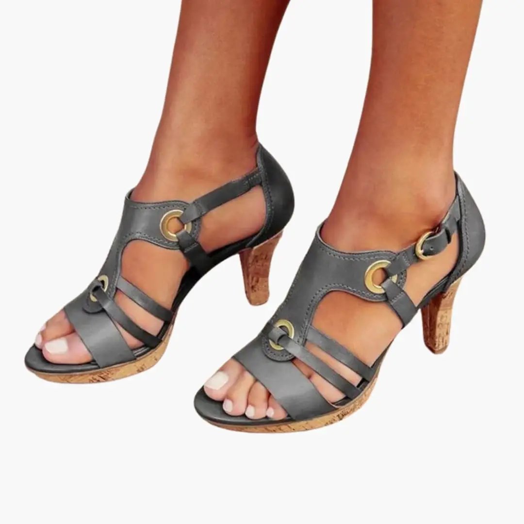 Pair of gray orthopedic heel sandals with adjustable straps and contoured sole by Wilfred Smith